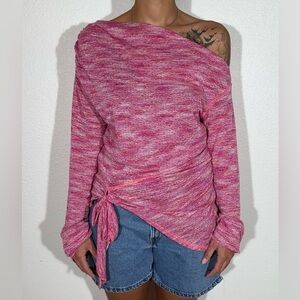 Free People Off-Shoulder Pink Pointelle Knit Sweater Asymmetrical & Tie Front